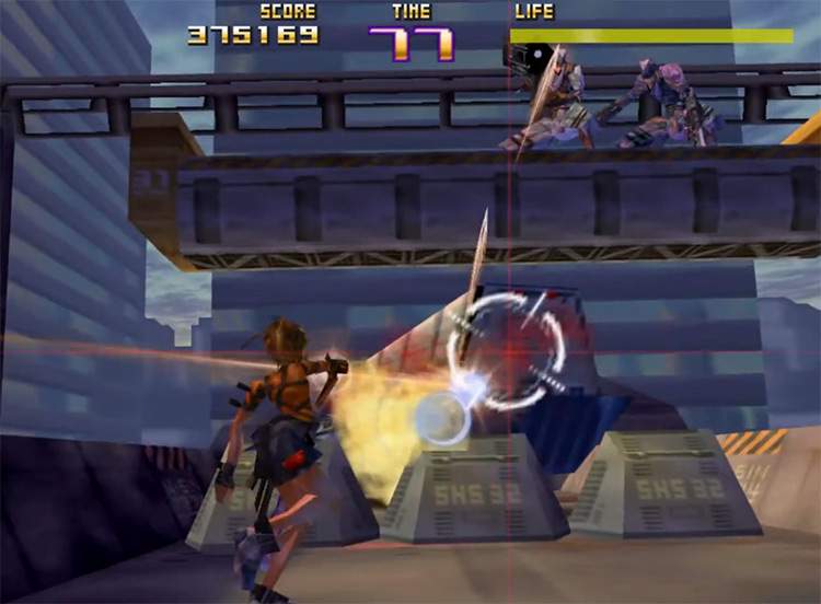 Saki Amamiya firing at a Ruffian in Sin and Punishment on Nintendo 64