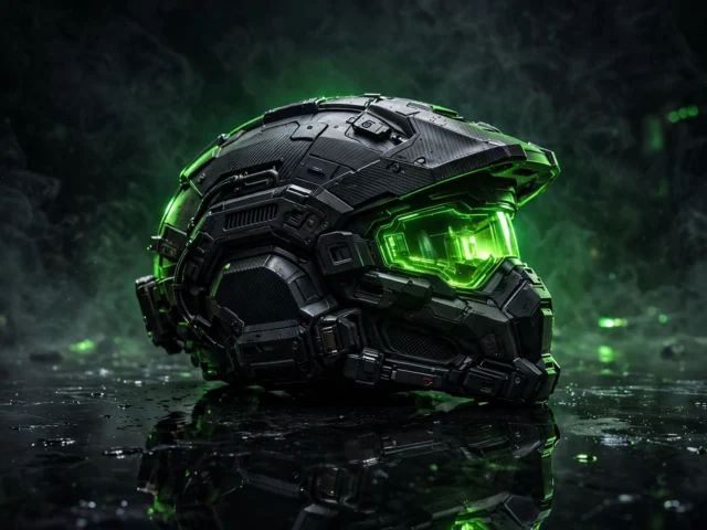 Futuristic sci-fi helmet with glowing green visor