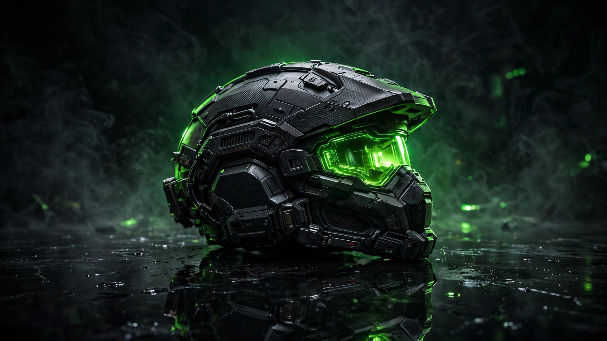 Futuristic sci-fi helmet with glowing green visor